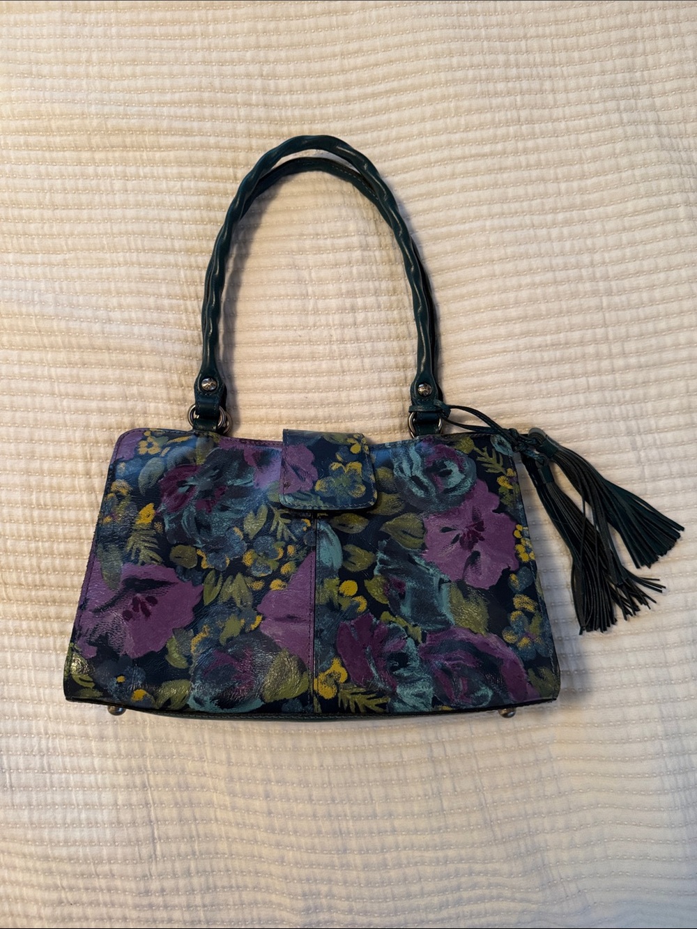 Patricia Nash Black Shoulder Bag with Purple and Teal Floral Print